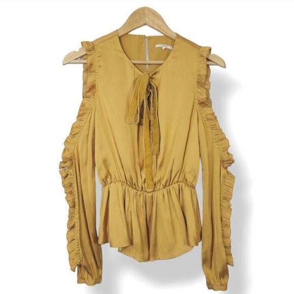 Tularosa Revolve Shilo Satin Open Sleeve Ruffle Blouse in Marigold Size XS - Picture 4 of 11